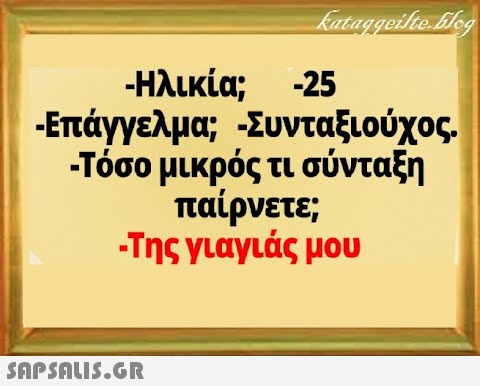 - Ηλικία; -25 Επάγγελμα; Συνταξιούχος. Τόσο μικρός τι σύνταξη παίρνετε; Της γιαγιάς μου