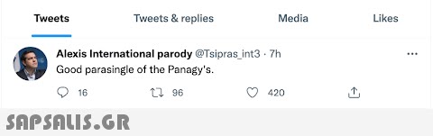 Tweets 16 Tweets & replies Alexis International parody @Tsipras_int3-7h Good parasingle of the Panagy s. 196  Media 420 Likes