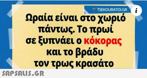 ++: TSEKOURATOI.GR – i Ωραία είναι στο χωριό πάντως. Το πρωί σε ξυπνάει ο κόκορας και το βράδυ τον τρως κρασάτο