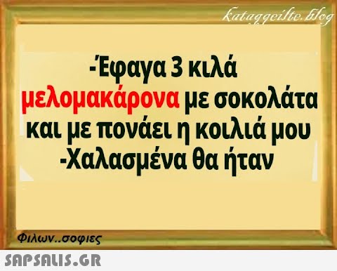 kataggeifte flog -Έφαγα 3 κιλά μελομακάρονα με σοκολάτα και με πονάει η κοιλιά μου -Χαλασμένα θα ήταν Φιλων..σοφιες