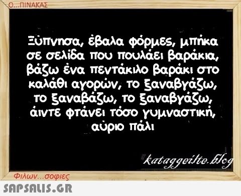 Ο...ΠΙΝΑΚΑΣ Ξύπνησα, έβαλα φόρμες, μπήκα σε σελίδα που πουλάει βαράκια, βάζω ένα πεντάκιλο βαράκι στο καλάθι αγορών, το ξαναβγάζω, το ξαναβάζω, το ξαναβγάζω, άιντε φτάνει τόσο γυμναστική, αύριο πάλι Φιλων...σοφιες  kataggeilte.blog